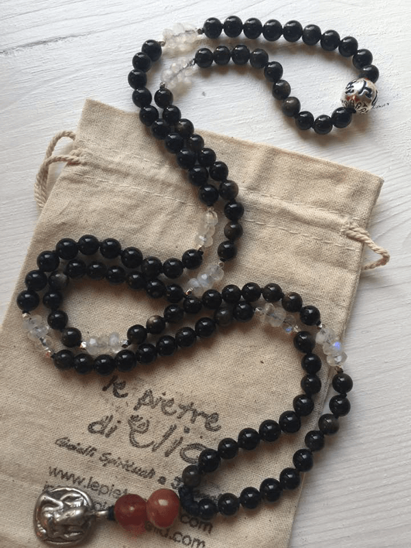 Japamala in Ossidiana dorata - Pietra di Luna moonstone - Corniola - mantra OM Mani padme hum - Ganesh